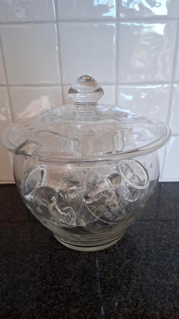 Vintage Glazen Punch Bowl Set met 8 Kopjes, Ophalen of Verzenden