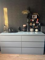 Antracietgrijze ladekast met glazen blad, Ophalen, Gebruikt, 100 tot 150 cm, 5 laden of meer