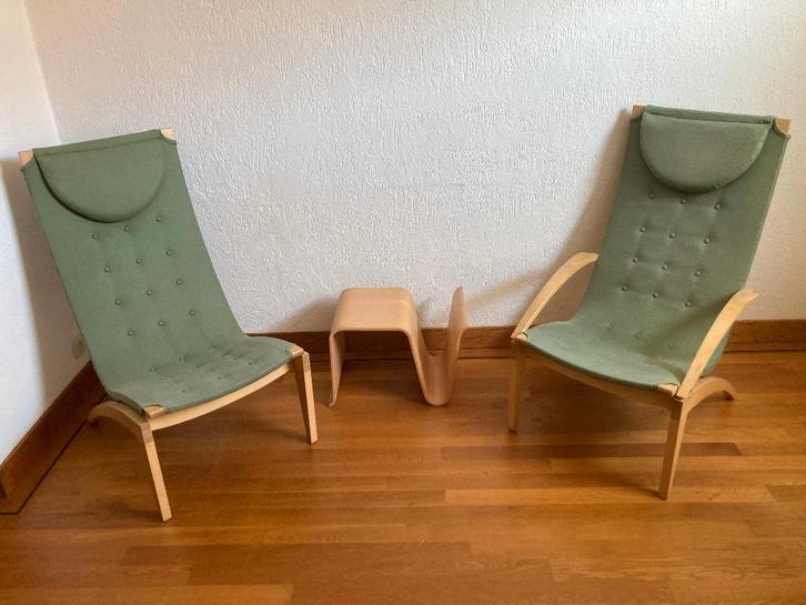 2 Lasse Pettersson Lennart Notman Zweeds design fauteuils, Huis en Inrichting, Fauteuils, Gebruikt, Hout, Stof, 125 tot 150 cm