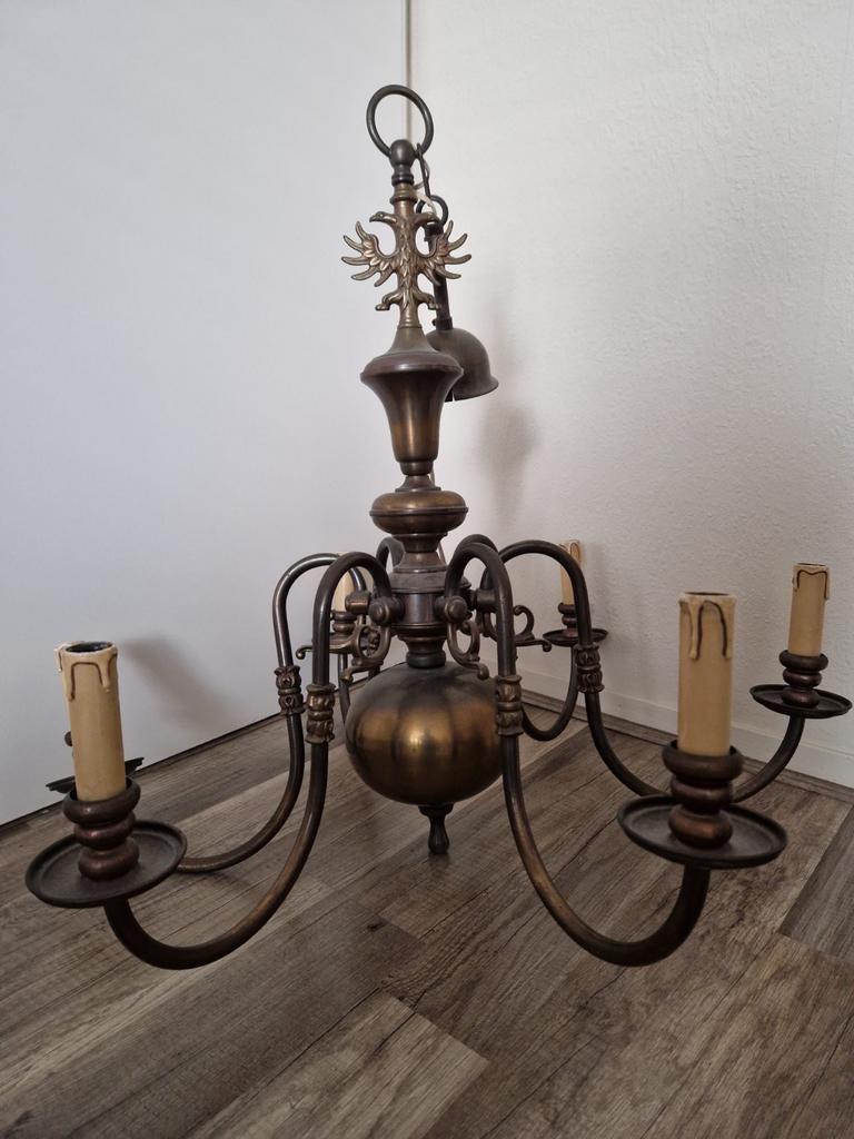 Antieke Messing Kroonluchter met 5 Armen, Ophalen of Verzenden, Gebruikt, Metaal, Klassiek, Antiek