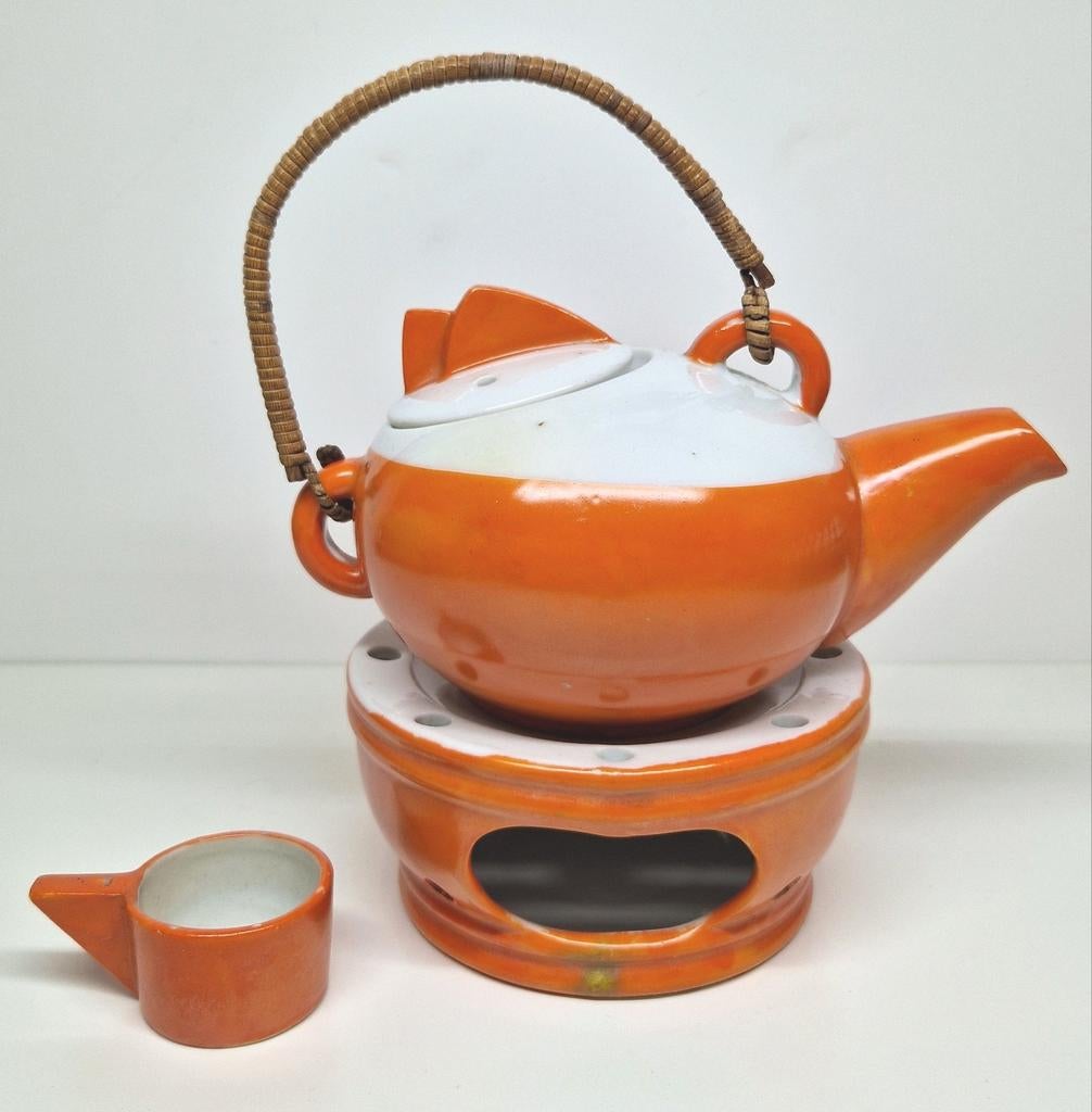 Art Deco / Bauhaus klein oranje theepotje met komfoor 1920., Antiek en Kunst, Antiek | Keramiek en Aardewerk, Ophalen of Verzenden