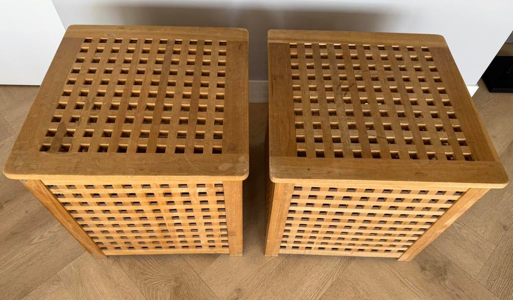2x Houten tafel / opbergkist met deksel – latwerk – 50x50x50, Antiek en Kunst, Antiek | Meubels | Tafels, Ophalen
