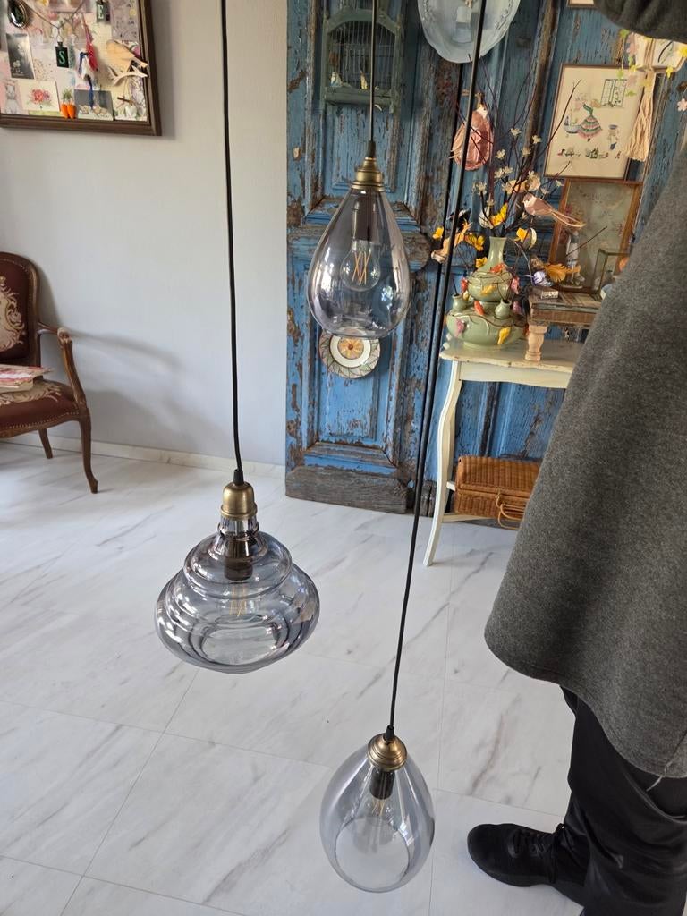 BePureHome Plafondlampen Vintage Rookglas - Set van 3, Huis en Inrichting, Lampen | Hanglampen, Gebruikt, Vintage, Industrieel, Retro