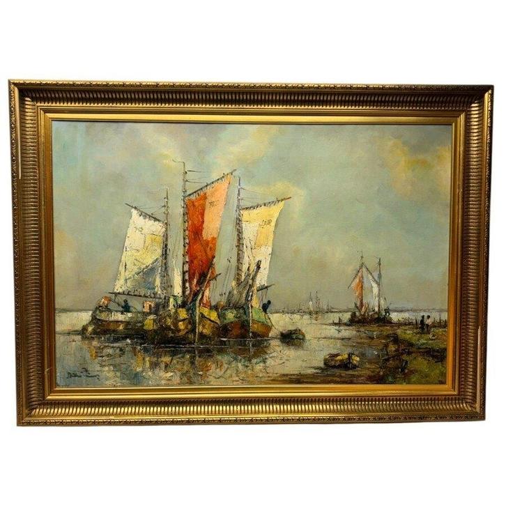 Hollandse School: zeegezicht met schepen en figuren, Antiek en Kunst, Kunst | Schilderijen | Klassiek, Ophalen of Verzenden