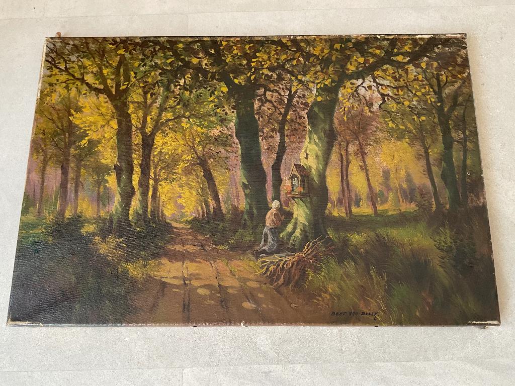 Bostafereel olieverf op doek met boomkappeltje gesigneerd, Antiek en Kunst, Kunst | Schilderijen | Klassiek, Verzenden