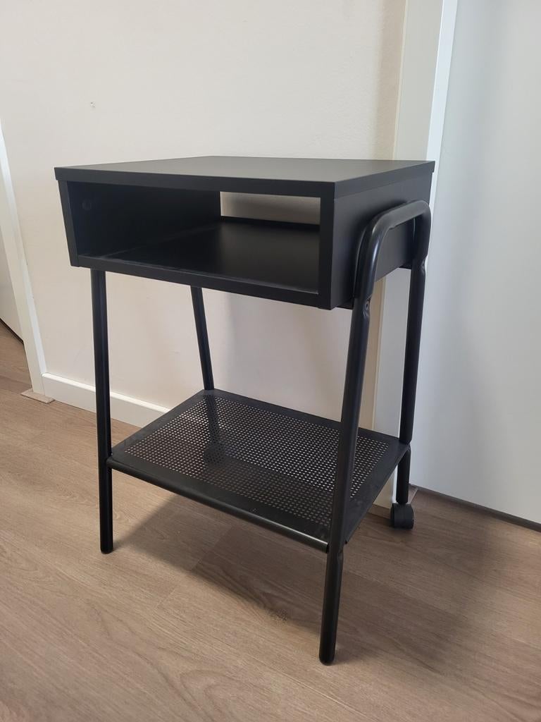 Platentafel/ bijzettafel met opbergruimte en wieltjes, Huis en Inrichting, Tafels | Bijzettafels, Gebruikt, Rechthoekig, 60 cm of meer