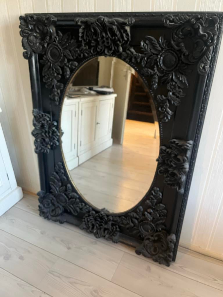 Zwarte Barok Spiegel Ovaal, Gebruikt, 100 tot 150 cm, Ophalen of Verzenden, 75 tot 100 cm