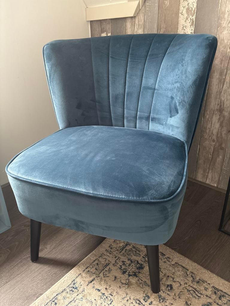 Blauwe fluwelen fauteuil - amper gebruikt, Ophalen, 75 tot 100 cm, Zo goed als nieuw, Stof