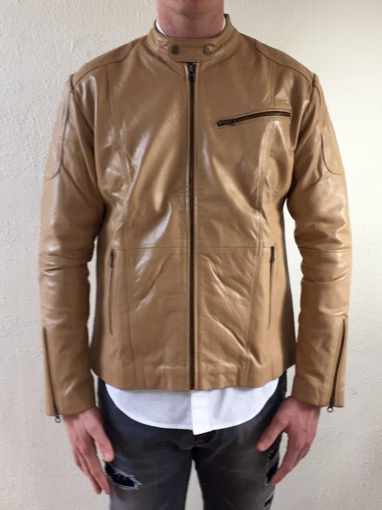 Beige leren jassen biker jacks heren is maat L licht bruine, Ophalen of Verzenden, Zo goed als nieuw, Maat 52/54 (L), Bruin