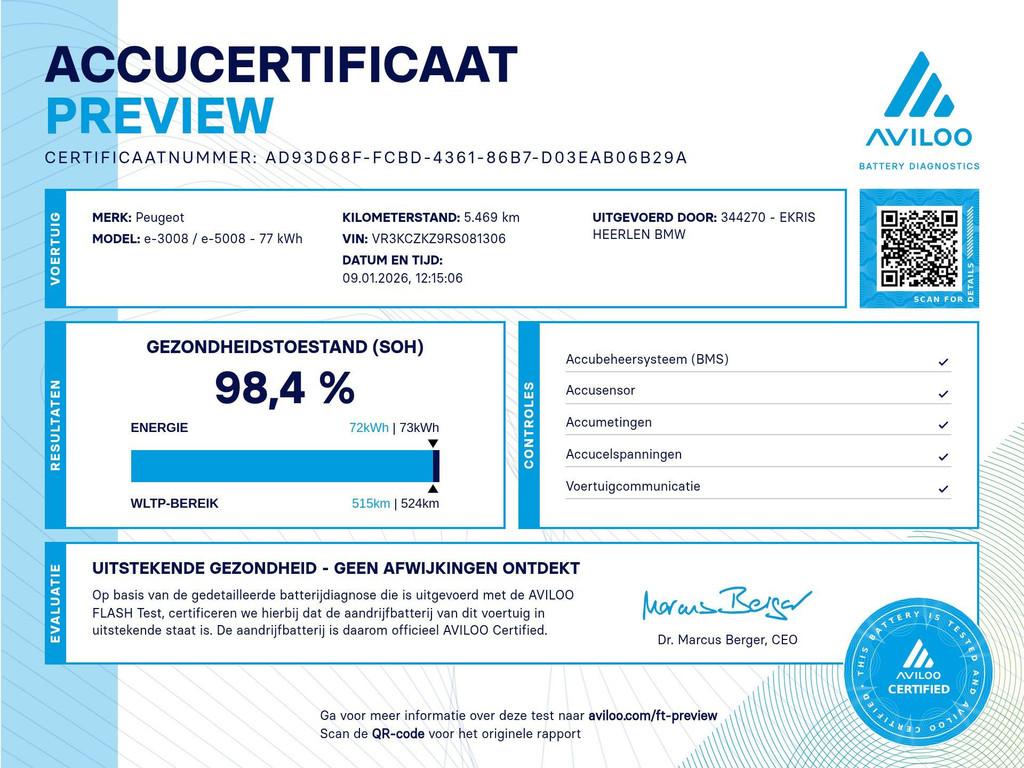 Peugeot e-3008 GT Avantage 210 73 kWh / SoH 98,4% / Warmtepo, Stof, 213 pk, Adaptive Cruise Control, Wit