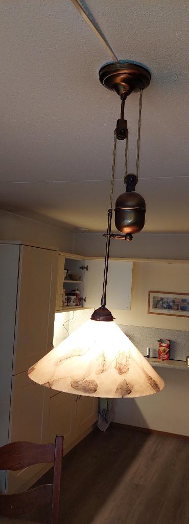 Hanglamp met katrol, Ophalen of Verzenden, Gebruikt, Glas, 75 cm of meer