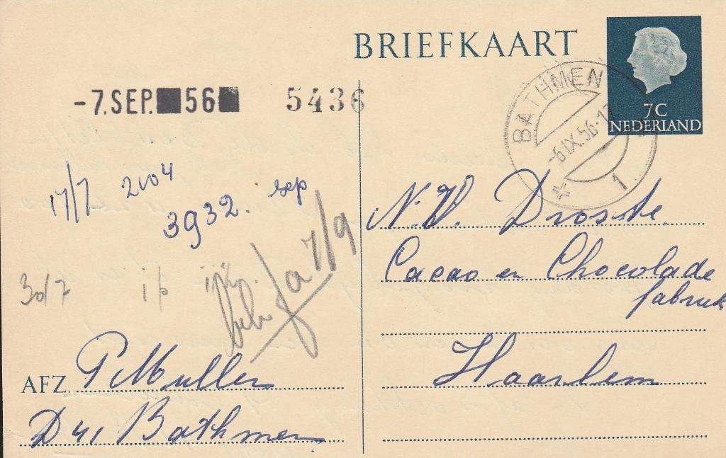 BATHMEN 1956 P. MULLER D 41 over Doubletten Puur en Melk, Ophalen of Verzenden, 1940 tot 1960, Gelopen, Overijssel
