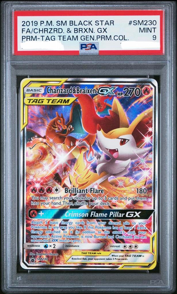2019 Pokemon Charizard & Braixen GX PSA 9, Ophalen of Verzenden, Zo goed als nieuw, Losse kaart, Foil