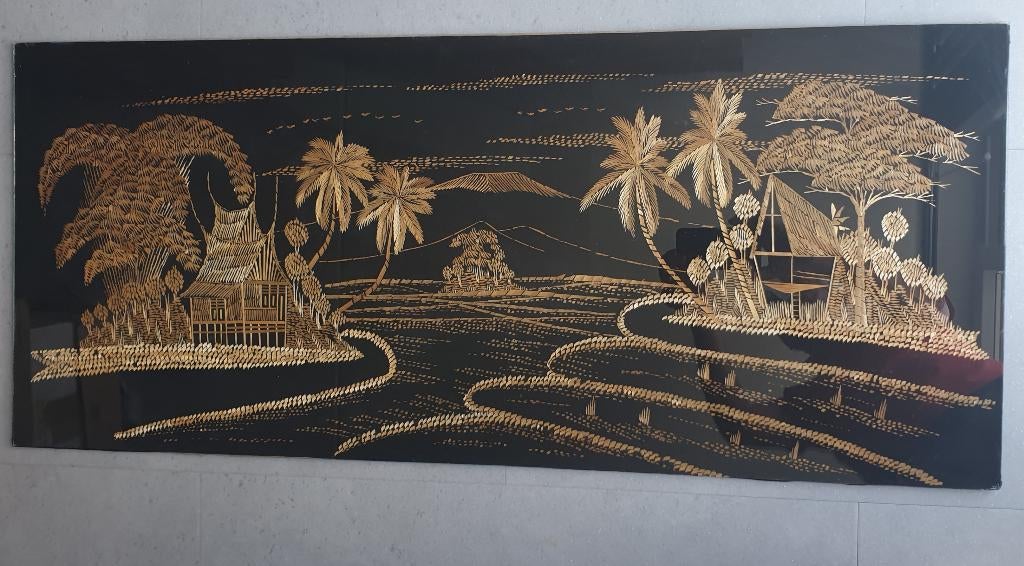 Paneel zwart linnen met goud opgelegd Bamboe met glasplaat, Ophalen of Verzenden, Zo goed als nieuw
