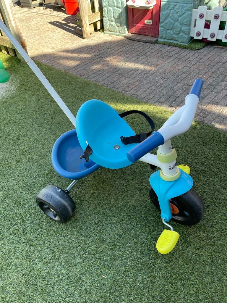 Smoby driewieler met duwstang - Blauw, Ophalen, Gebruikt, Terugtraprem, Duwstang