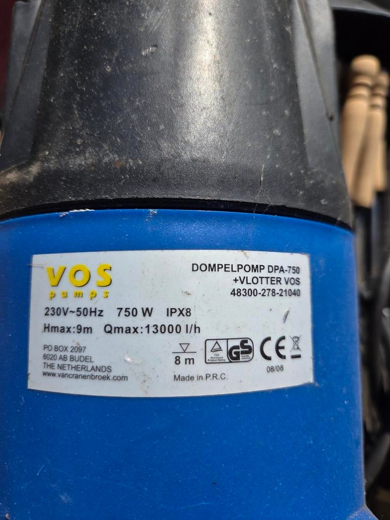 VOS Dompelpomp DPA-750 met vlotter, 750W, 13000 l/h, Ophalen of Verzenden, Gebruikt, Elektrisch, Dompelpomp