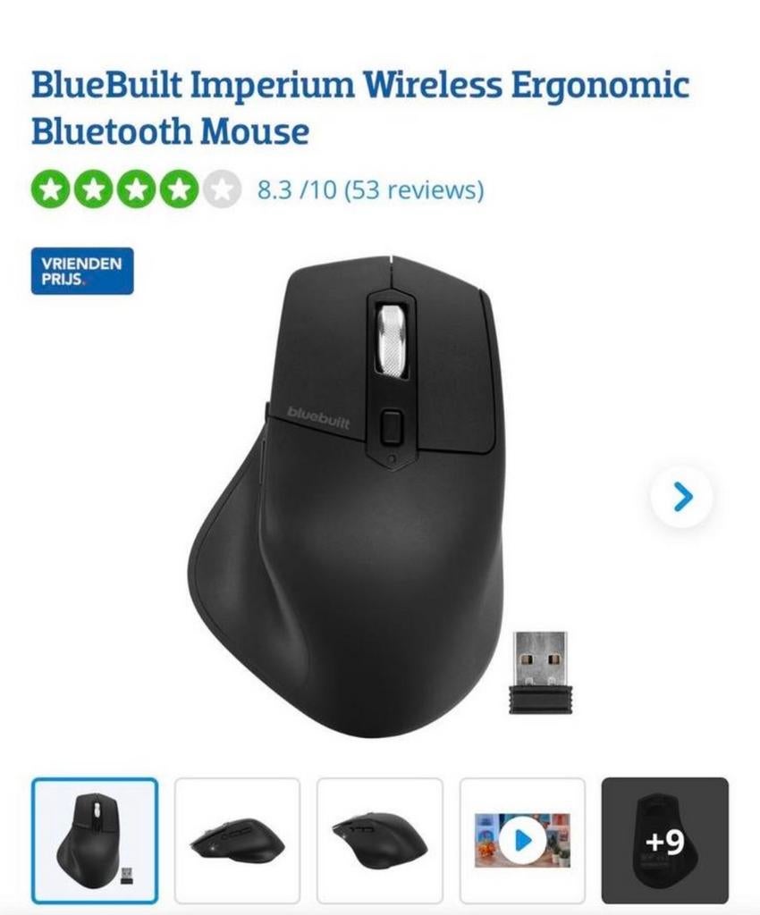 BlueBuilt Imperium Ergonomische Draadloze Bluetooth Muis, Rechtshandig, Muis, Ergonomisch, Nieuw