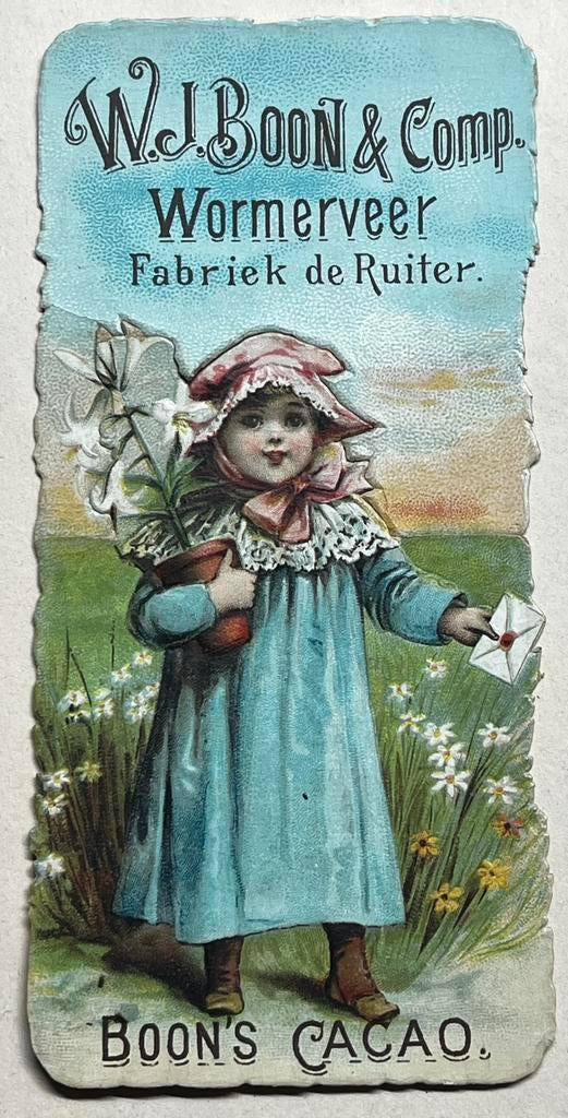 antiek reclamekaartje Boon’s cacao Wormerveer litho meisje, Ophalen of Verzenden, Gebruikt, Overige typen