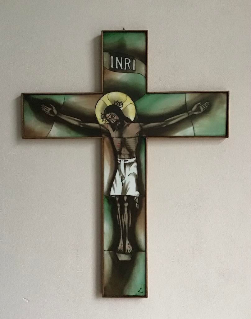 Groot gebrandschilderd opaline kruis, Ophalen of Verzenden