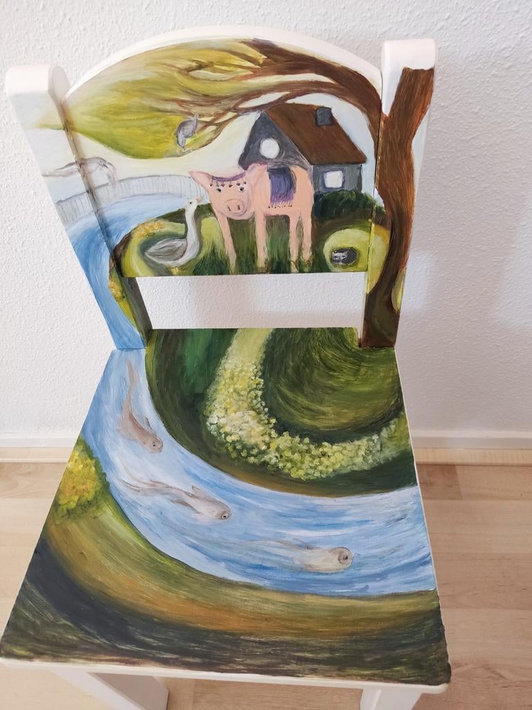Unieke stoel- beschilderd- antroposofie- Boerderijdieren, Ophalen of Verzenden, Nieuw, Overige typen