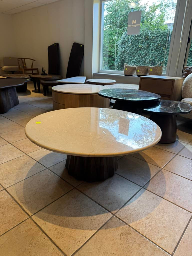 Salontafel travertin met houten mango poot 90x90x38 cm, Ophalen, Japandi, Rond, Nieuw