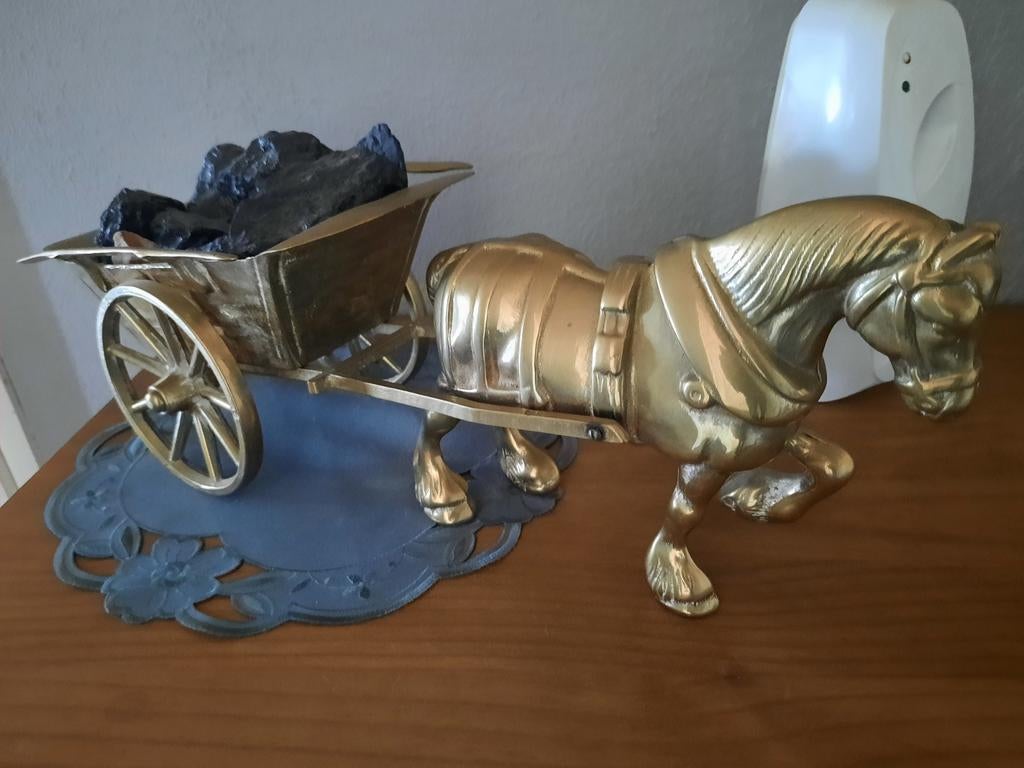 Messing paard met kolenwagen - decoratief ophalen, Ophalen of Verzenden