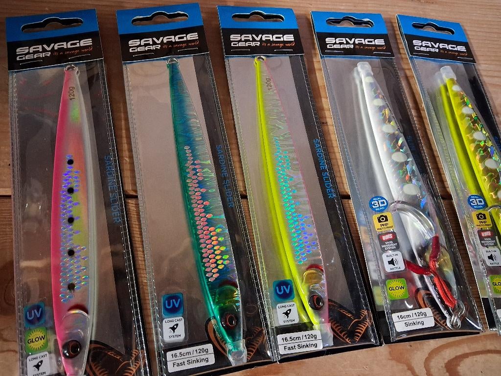 5x Savage Jigs (Slim Jig Minnow+Sardine Slider) 120 grams, Watersport en Boten, Tinstraat, Savage Gear, Nieuw, Ophalen of Verzenden