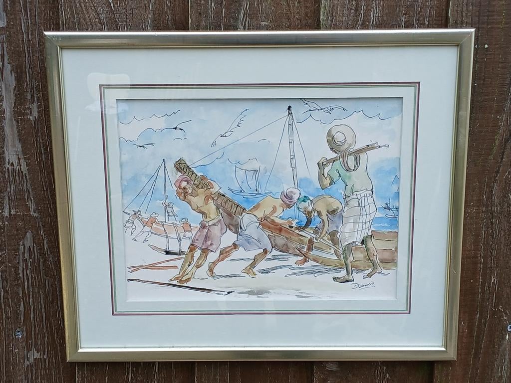 Ingelijste aquarel van Domus: Vissers aan het werk, Ophalen of Verzenden