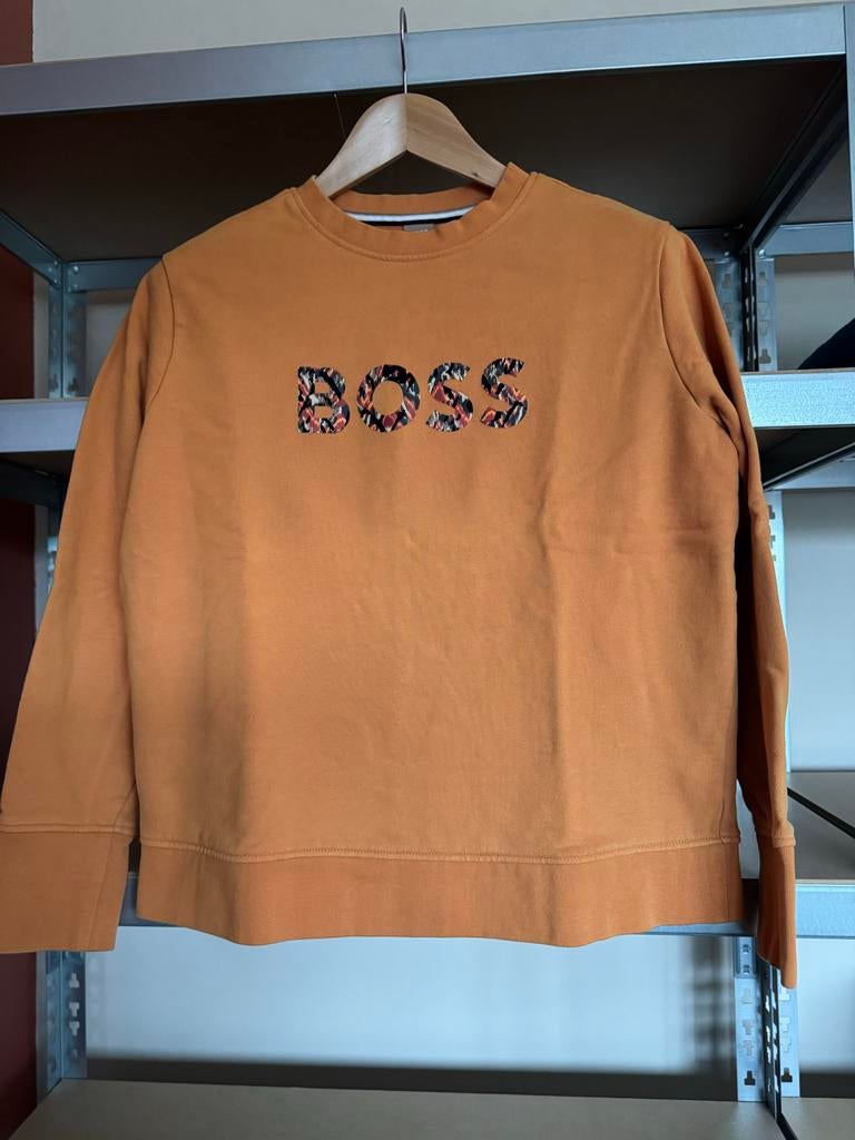 BOSS Katoenen Sweater Oranje/Geel met logo, valt als maat L, Maat 42/44 (L), Oranje, Ophalen of Verzenden, Zo goed als nieuw