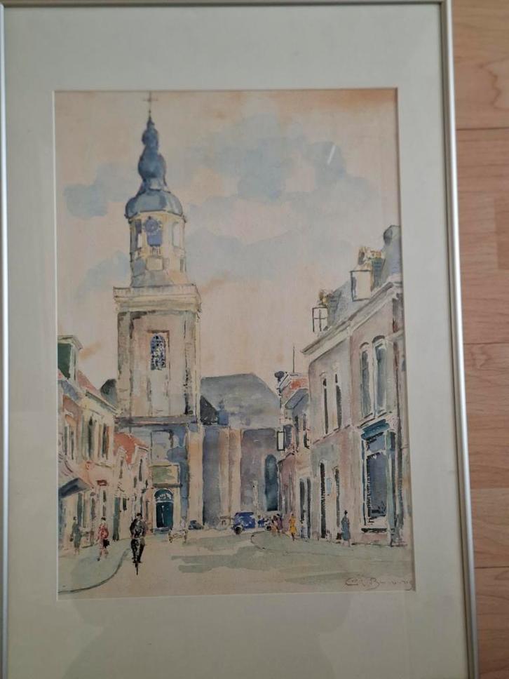Aquarel Grote Kerk Almelo, oud stadsgezicht, Antiek en Kunst, Kunst | Schilderijen | Klassiek, Ophalen