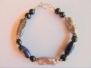 Armband Lynne parels biwa-rond lapis lazuli zilver beschikbaar voor biedingen