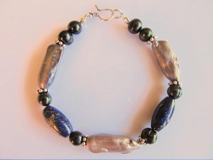 Armband Lynne parels biwa-rond lapis lazuli zilver, Sieraden, Tassen en Uiterlijk, Armbanden, Nieuw, Zilver, Blauw, Met edelsteen