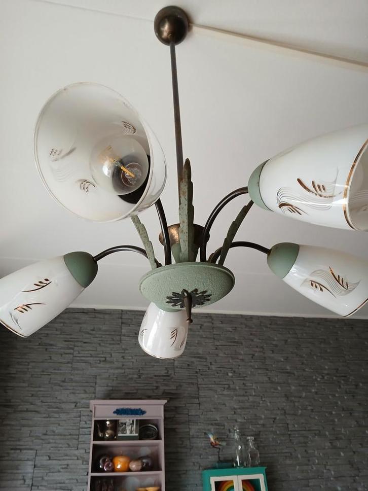 Vintage Plafondlamp met 5 Armen met 5 kelken, Huis en Inrichting, Lampen | Hanglampen, Gebruikt, 50 tot 75 cm, Glas, Metaal, Ophalen