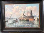 Schilderij olieverf met zicht op Rotterdamse haven, Antiek en Kunst, Ophalen