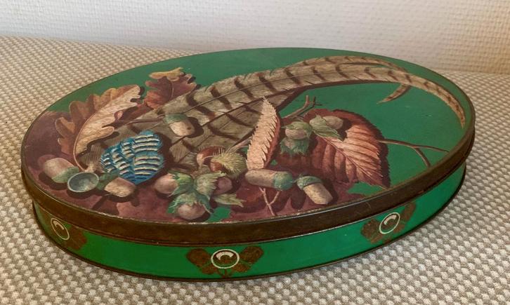 Vintage Blik Blikken Koektrommel Côte d'Or groen ovaal 29cm, Verzamelen, Blikken, Gebruikt, Koek(jes), Ophalen of Verzenden