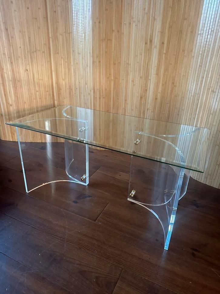 Vintage glazen salontafel /sidetable met polycarbonaat poten, Antiek en Kunst, Antiek | Glas en Kristal, Ophalen