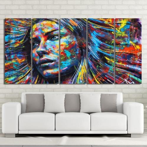Kleurrijk 5-Delig Schilderij op Canvas – Portret Vrouw, Antiek en Kunst, Kunst | Schilderijen | Modern, Ophalen of Verzenden