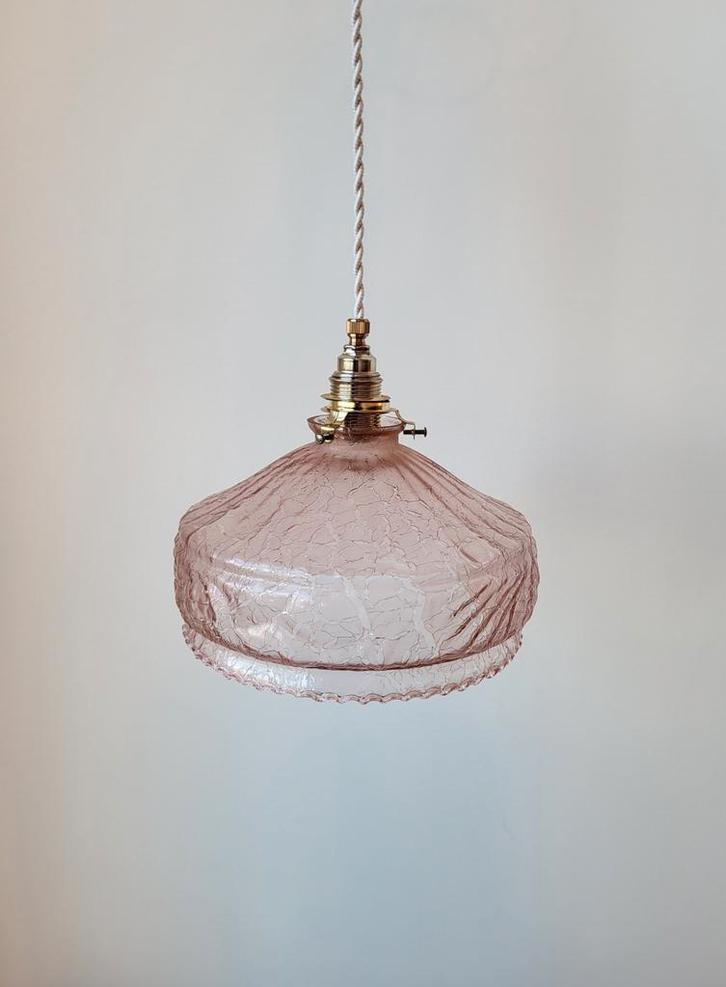 Vintage glazen hanglamp uit Frankrijk crackled glas, Huis en Inrichting, Lampen | Hanglampen, Zo goed als nieuw, Minder dan 50 cm