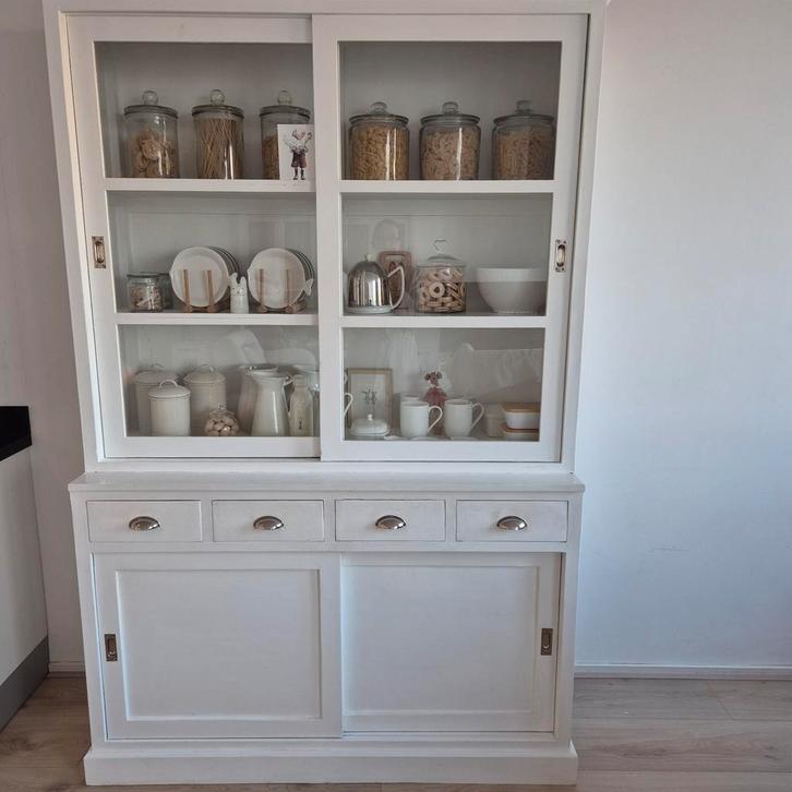 Mooie witte landelijke houten brocante vitrinekast, Huis en Inrichting, Kasten | Vitrinekasten, Gebruikt, 25 tot 50 cm, Ophalen
