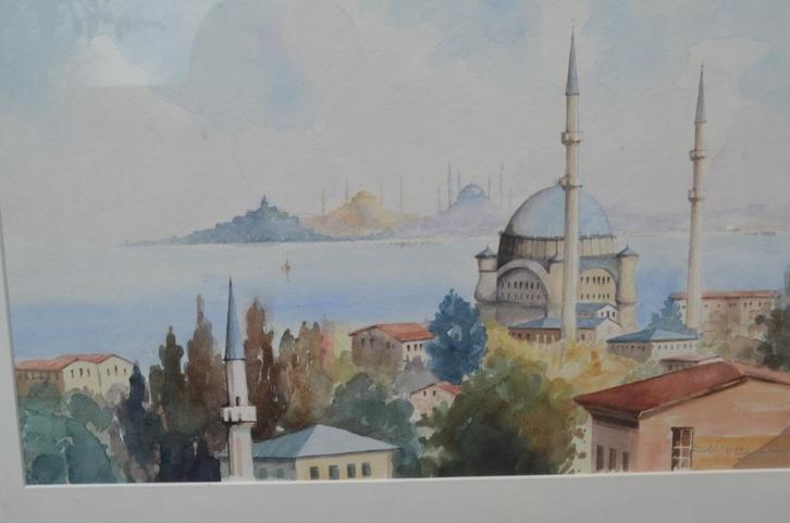 Aquarel van een moskee, gesigneerd en gedateerd, Antiek en Kunst, Kunst | Schilderijen | Klassiek, Ophalen of Verzenden