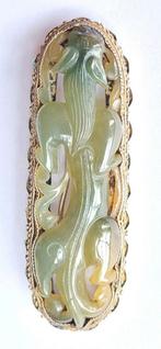 Chinees Zilveren Jade draak broche antiek sieraad, Ophalen of Verzenden, Zilver, Broche, Met edelsteen