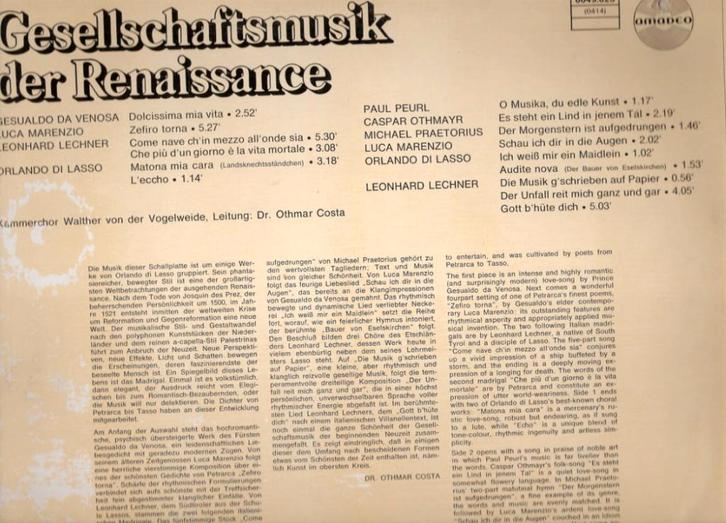 Praetorius, Venosa,Marenzio,Lechner,DiLAsso,Peurl,Othmayr LP, Cd's en Dvd's, Vinyl | Klassiek, Gebruikt, Middeleeuwen en Renaissance