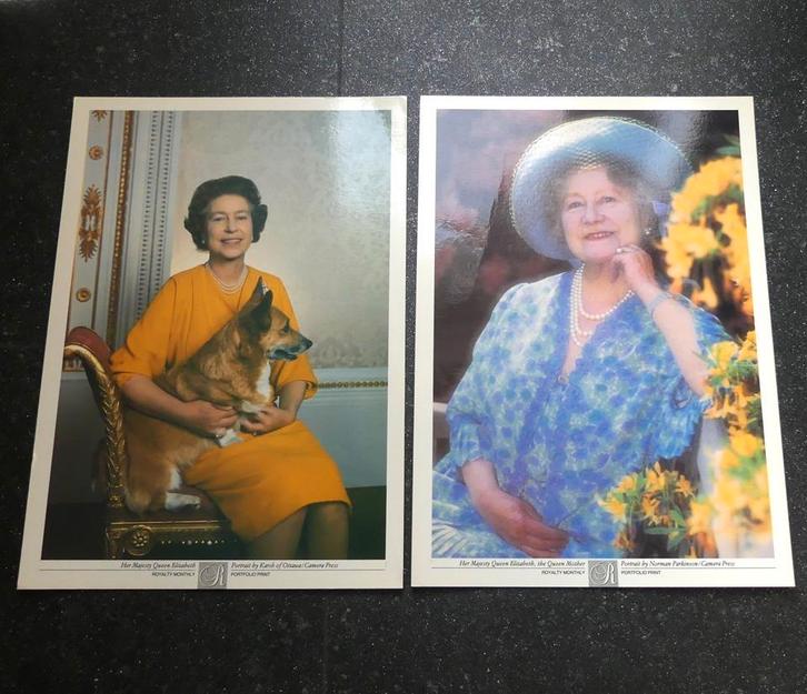 Vintage portetfoto's Queen Elizabeth II en The Queen Mother, Verzamelen, Koninklijk Huis en Royalty, Gebruikt, Kaart, Foto of Prent