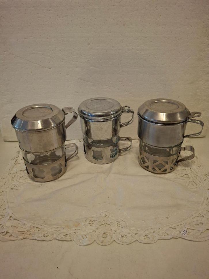 Duralex/ Durobor - 3 koffiezetters met filters en glazen, Antiek en Kunst, Antiek | Servies los, Ophalen of Verzenden