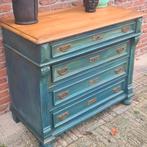 Brocante antiek ladenkast commode boho restyle blauw, Ophalen, 100 tot 150 cm, 3 of 4 laden, Minder dan 100 cm