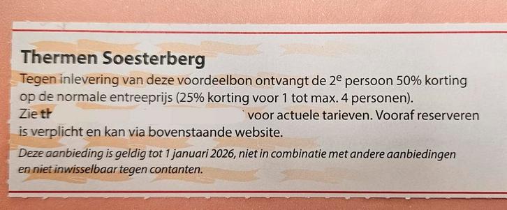 Sauna Thermen Soesterberg 2e persoon 50% korting, Tickets en Kaartjes, Kortingen en Cadeaubonnen