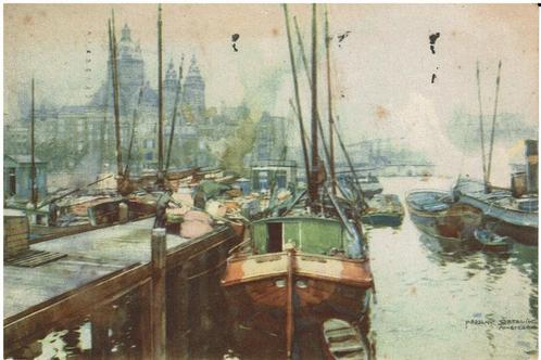 Ansichtkaart Amsterdam naar aquarel J. Setelik, Verzamelen, Ansichtkaarten | Nederland, Gelopen, Noord-Holland, 1940 tot 1960