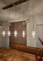 Hanglamp rvs met glazen kokers met halogeenspots, Modern, Gebruikt, Ophalen of Verzenden, 75 cm of meer