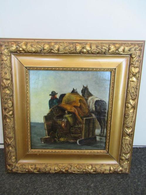 Oer 10936 klein schilderijtje "Paard met manden en huisraad", Antiek en Kunst, Kunst | Schilderijen | Klassiek, Ophalen