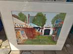Kleurrijk Kermistafereel – Gouache Schilderij in Lijst, Antiek en Kunst, Ophalen of Verzenden